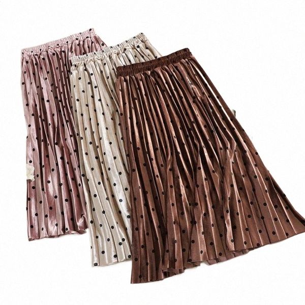 

skirts 2022 spring autumn vintage velour skirt women high waist mid-calf dot sweet all-match a-line famale mw530 q64t#, Black