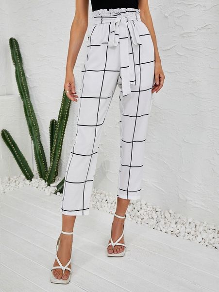

plaid print paperbag waist belted capris pants c76e#, Black;white