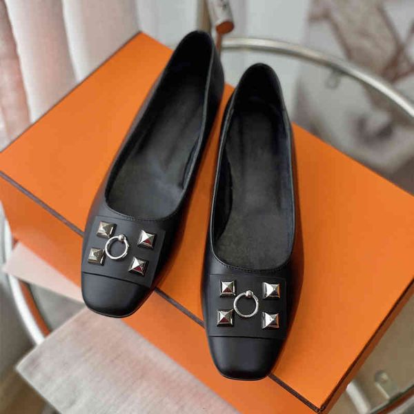 

dress shoes women's shoes spring genuine leather metal decoration apartments square toe low heel slip in roman leisure designer, Black