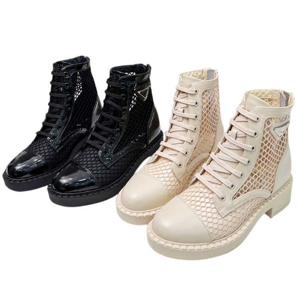 

womens spring autumn low block heel thich sole mesh ankle boots ladies fashion lace up round toe thick sole knee high shoes, Black