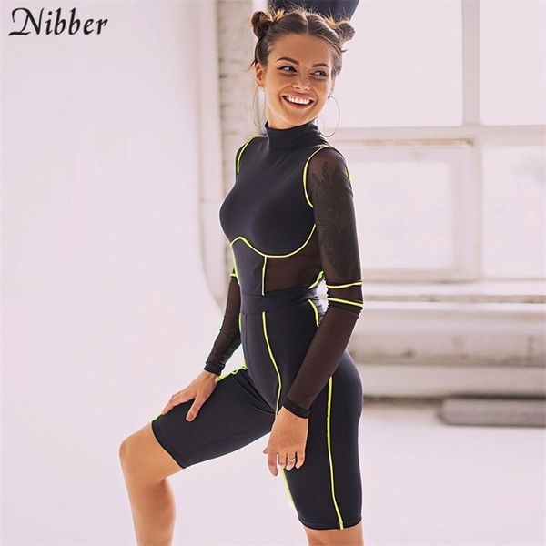 

nibber black mesh seethrough playsuit high collar neon green patchwork short jumpsuit mujer casual active playsuits y200422, Black;white