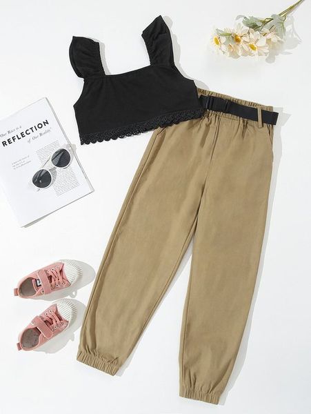 

girls ruffle trim guipure lace insert crop & belted pants she, White