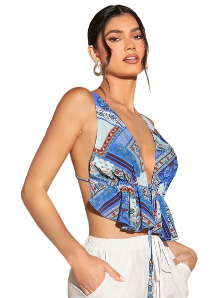 

paisley print open back tank b02s#, White