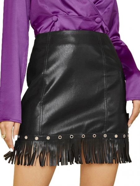

unique21 ring detail fringe trim patent skirt 67er#, Black