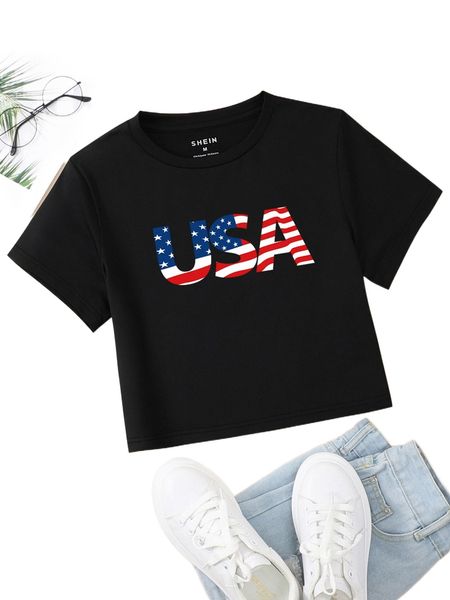 

letter & american flag print tee 86u3#, White