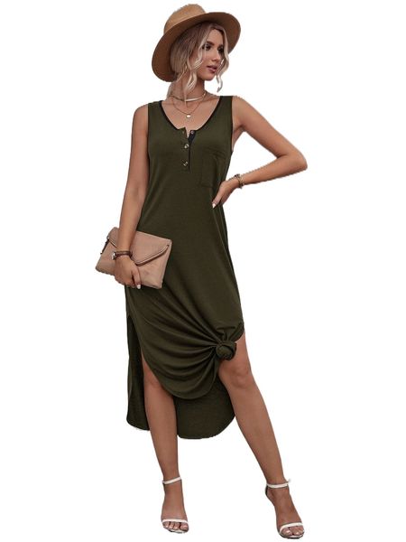 

button front split thigh dress x5gj#, Black;gray