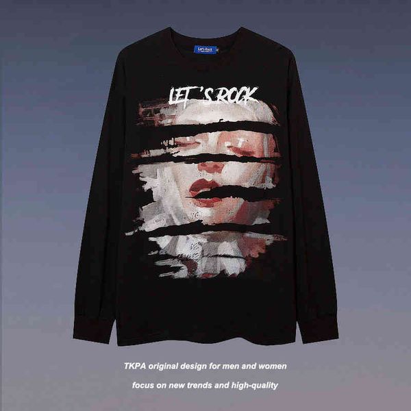 

tkpa hip-hop long sleeve t-shirt guochao portrait illustration printed bottom shirt men's and women's autumn thin sweater, Black