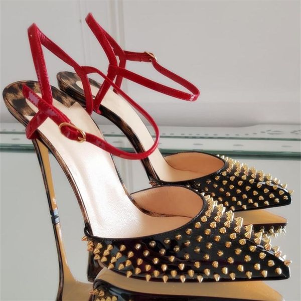

casual designer lady fashion women shoes leopard patent leather spikes slingback stiletto pointy toe heels pumps 12cm 10cm bi300x, Black