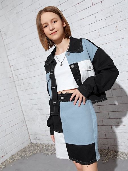 

teen girls color block raw hem jacket & skirt set she, White