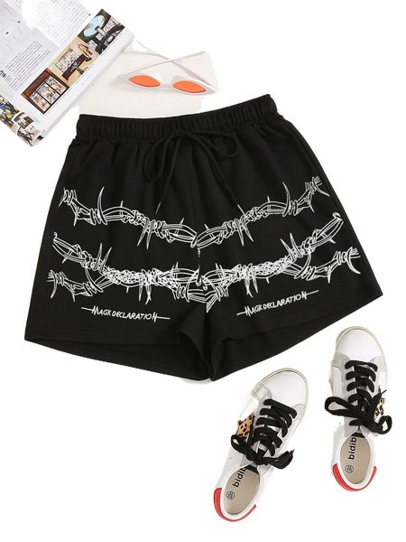 

thorns and letter graphic drawstring waist shorts r107#, White;black