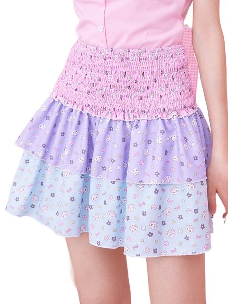 

kawaii colorblock cartoon graphic shirred skirt c5rt#, Black