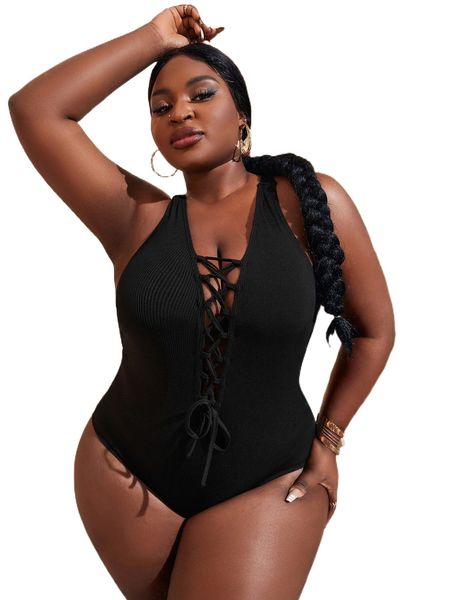 

sxy plus lace up front crisscross back bodysuit b4qg#, Black