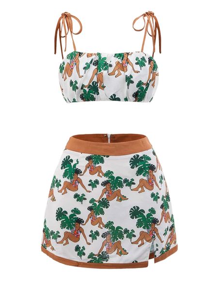 

x ebib tropical and figure print knot shoulder crop cami & skirt set o2ye#, White