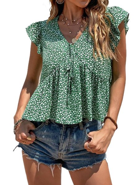 

ditsy floral flutter sleeve tie front peplum blouse e6yd#, White