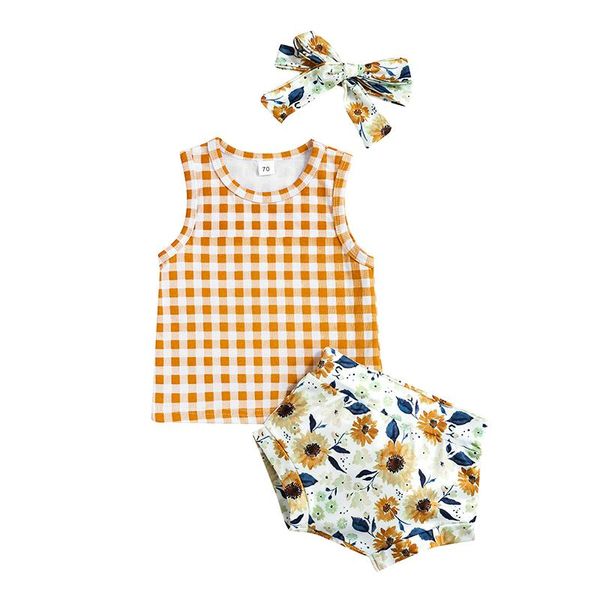 Kleidungssets Baby Mädchen Sommerkleidung Plaid Ärmellose Tank Tops Und Blumendruck Lässige Shorts Stirnband Set