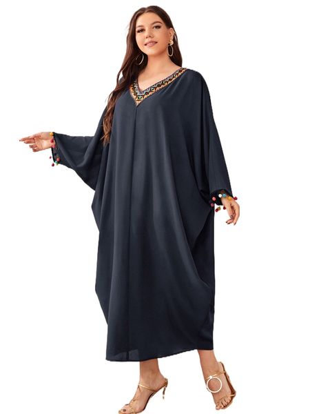 

plus contrast geometric tape pompom detail dolman sleeve tent dress e5ij#, Black