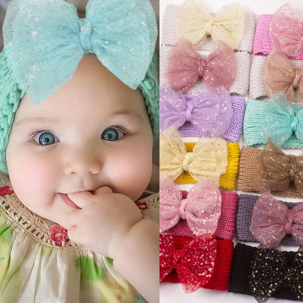 

boutique xmas newborn knit elastic head band wrap knitting mesh flower hair band baby headband turban headwrap, Slivery;white