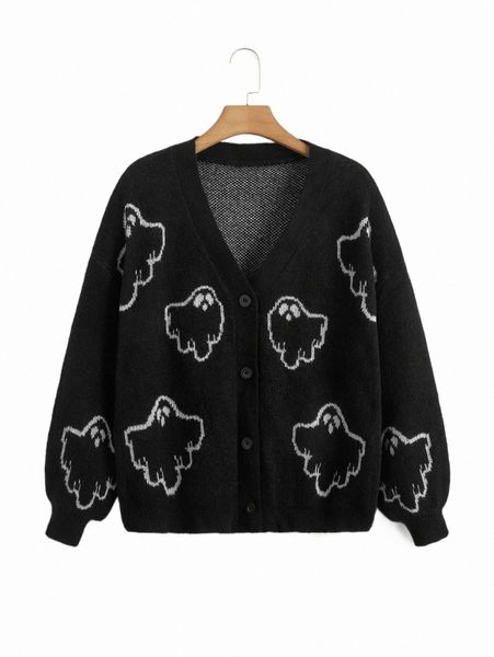 

plus ghost pattern drop shoulder cardigan x49e#, Black