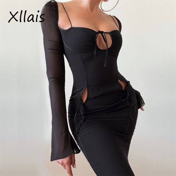 

xllais cut out bandage robe elegant transparent mesh long sleeve midi dress nigh backless prom vestidos 220507, Black;gray