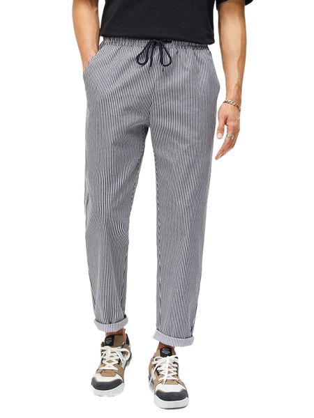 

men striped patch detail drawstring waist pants v3ys#, Black