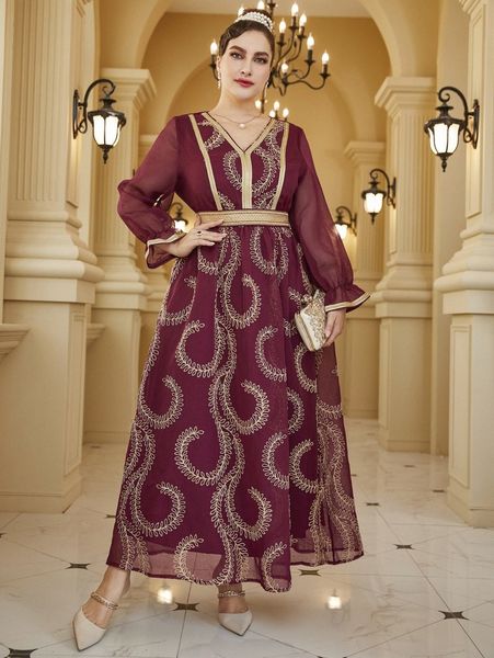 

plus random plant embroidered flounce sleeve belted dress f9lc#, Black