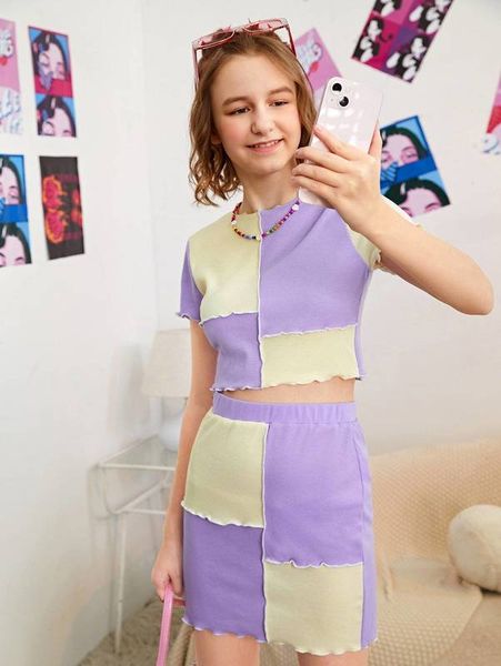 

teen girls color block lettuce trim tee & skirt set she, White