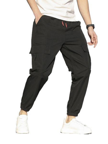 

men letter patched detail flap pocket drawstring waist cargo pants y86v#, Black