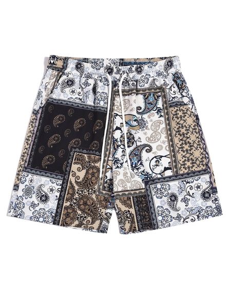 

romwe guys paisley patchwork shorts e5hx#, White;black