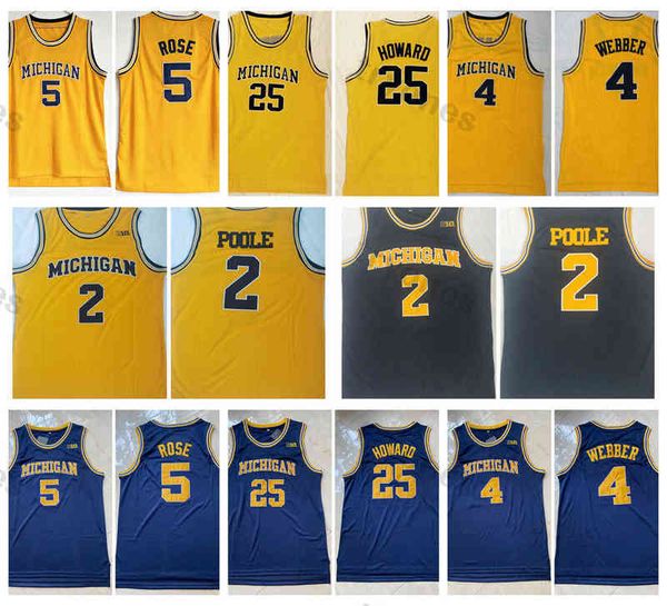 Herren NCAA Michigan Wolverines College Basketball Trikots Vintage 4 Chris Webber 5 Jalen Rose 25 Juwan Howard 2 Jodan Poole Jersey Blue Yello