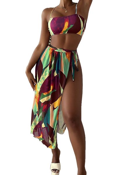 

allover print bikini swimsuit with beach skirt u37u#, White;black