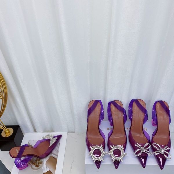 

amina muaddi womens sandals leather sole designer 10cm high heels diamond chain decoration banquet purple women shoes silk wedding formal sl, Black