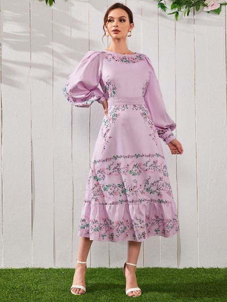 

lantern sleeve guipure lace panel ruffle hem floral dress 75ns#, Black;gray