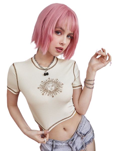 

sun print stitching crop tee p4jg#, White
