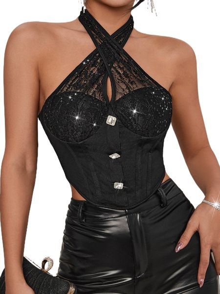 

rhinestone contrast lace tie backless halter 41nm#, White