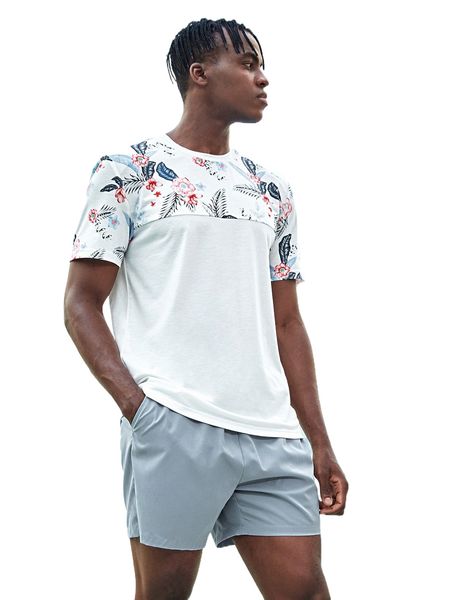 

men tropical print tee & drawstring waist shorts t2zh#, Gray