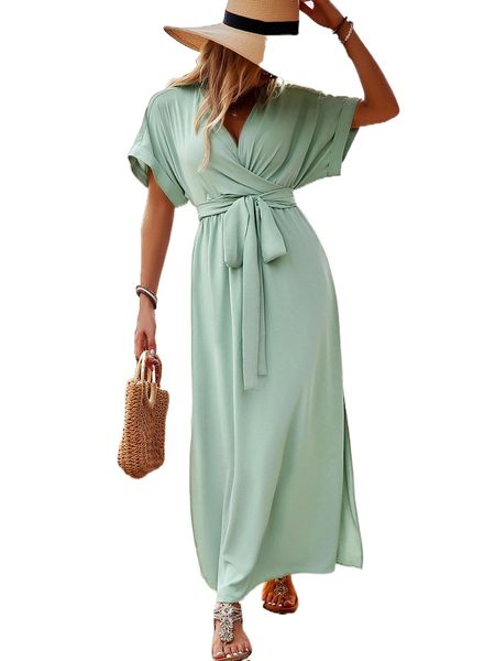 

batwing sleeve tie front split hem dress s5tu#, Black;gray