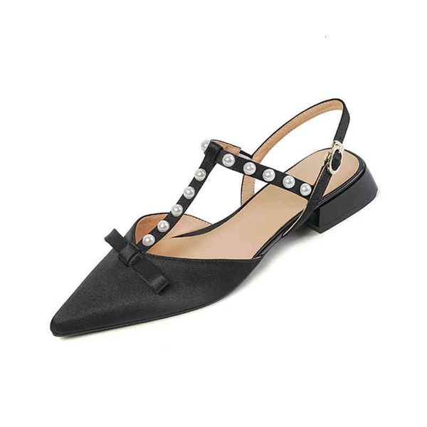 

sandals summer women's shoes pointed low heels bowknot beaded back empty satin fashion sandals d8qh, Black