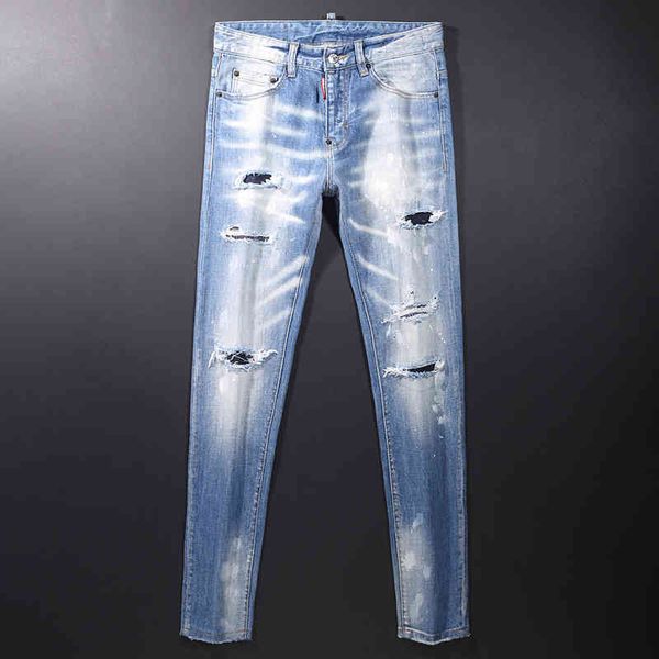 

men's jeans spring and summer men's slim little feet elastic jeans fashion brand washed knee hole patch pants pic2, Blue