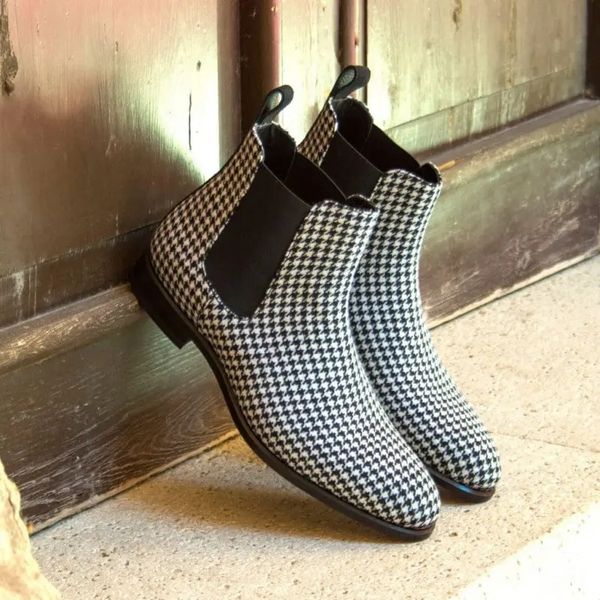 

Men British Chelsea Boots PU Classic Houndstooth Round Toe Wear Fashion Versatile Business Casual Street Party Daily Dress Shoes, Clear