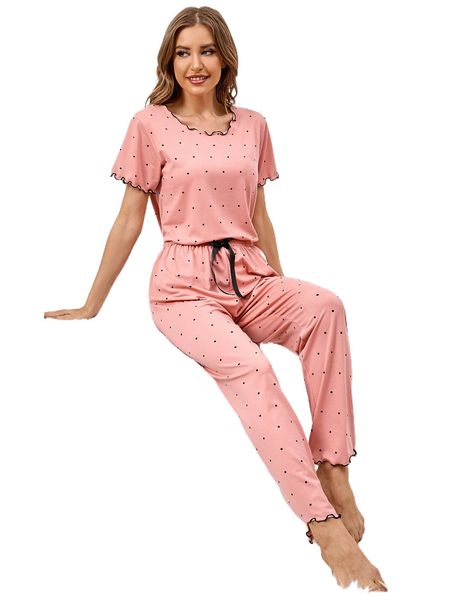 

polka dot print lettuce trim tee & pants pj set h05q#, Black;red