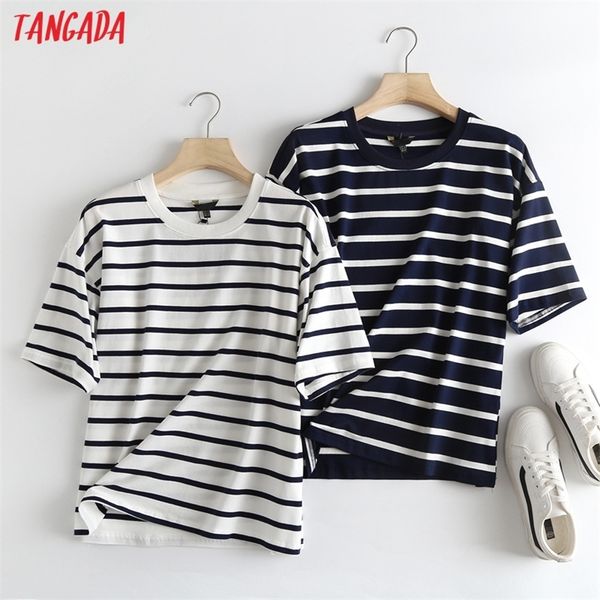 

tangada women striped print cotton t shirt short sleeve o neck tees ladies casual tee shirt street wear 6d68 220511, White