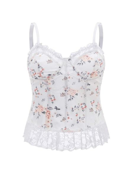 

allover floral print contrast lace cami y7if#, White