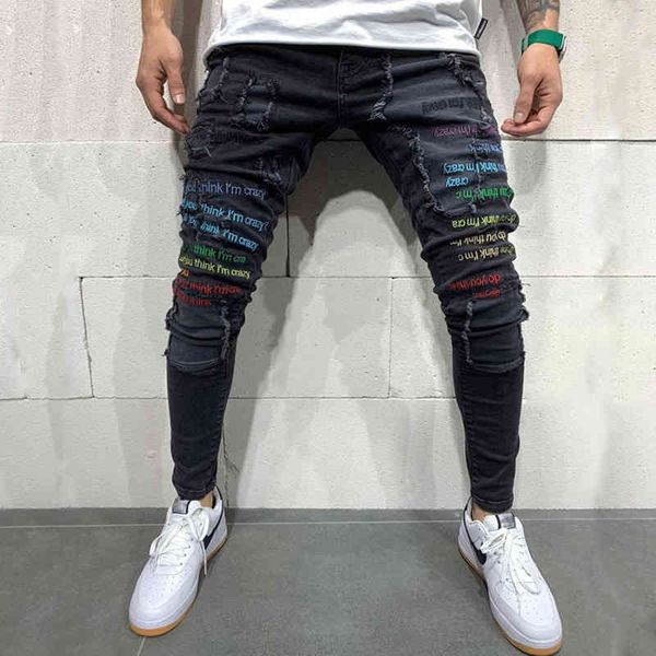 

men's jeans men's denim printed frayed patch elastic casual small foot slim fit pants s26j, Blue