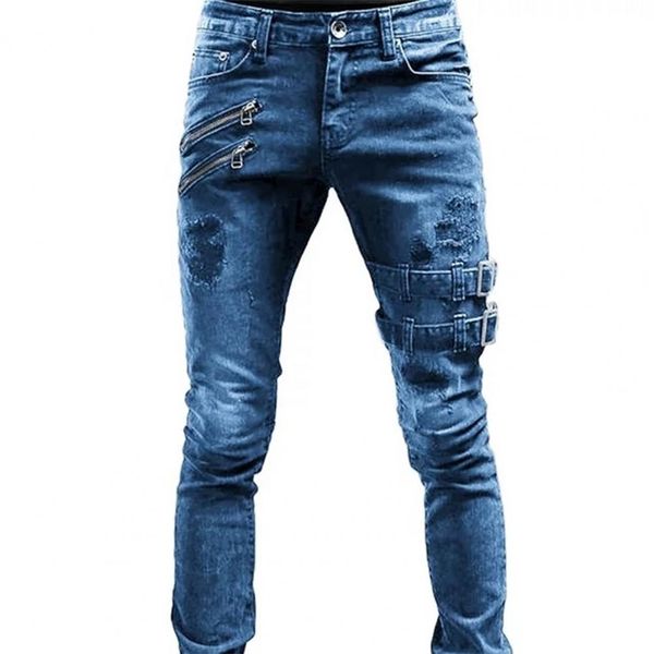 

plus size men jeans skinny side straps and zips 3 colors trousers excellent stretch men jeans trousers 220712, Blue