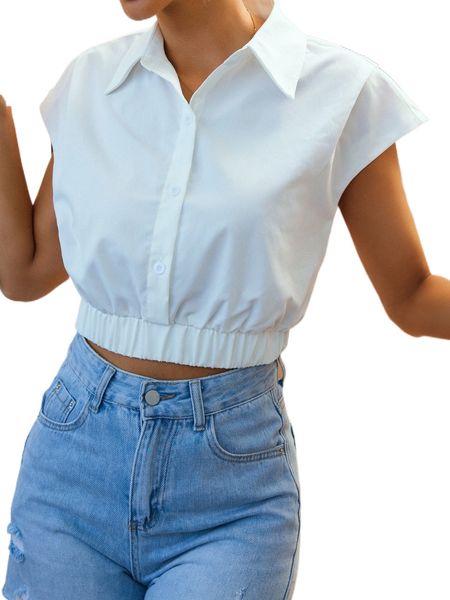 

solid batwing sleeve crop shirt l0z3#, White