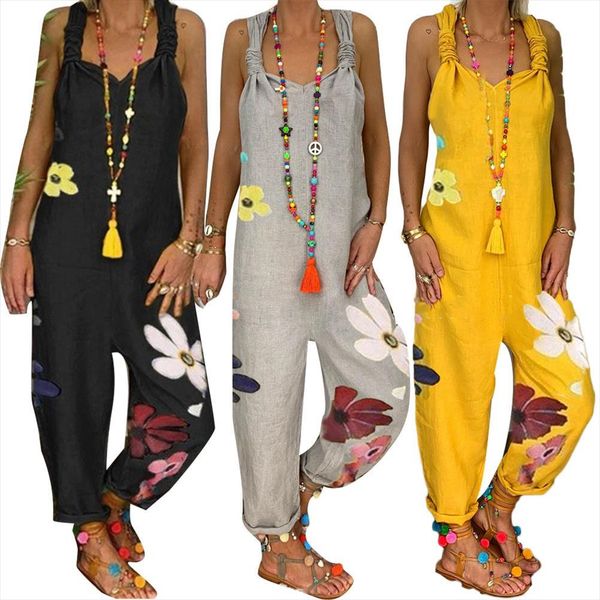 

women jumpsuit female printed vintage flower womens sleeveless bib overall backless floral print, Black;white