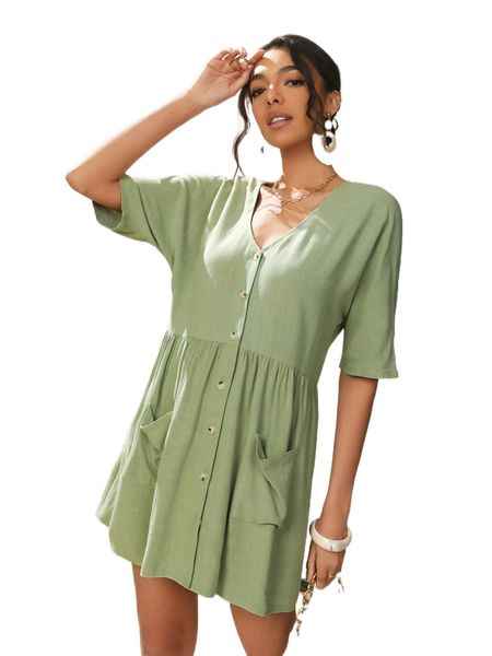 

dual pocket batwing sleeve button front dress z7nj#, Black;gray