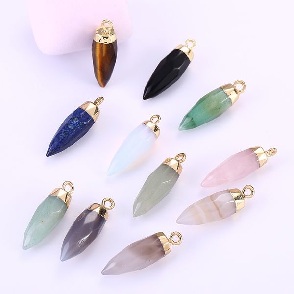Encantos de cone de pedra natural opala rosa quartzo chakras cristal tigre cura pingente de cristal para jóias de bricolage colar