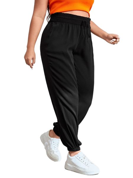 

plus shirred waist knot front pants p6bk#, Black