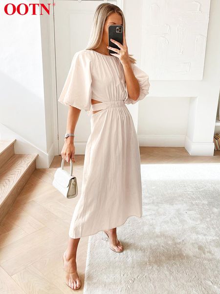 

ootn hollow out long dress summer women puff sleeve high waist lace up o neck solid a line midi dresses cotton robe 220613, Black;gray